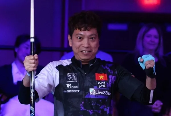 Quốc Hoàng Mừng Sau Khi Thắng Naoyuki Oi Ở Vòng 1:16 Giải Pool 9 Bi Us Open Tại Thành Phố Atlantic, Bang New Jersey, Mỹ Tối 21:8:2025. Ảnh- Matchroom