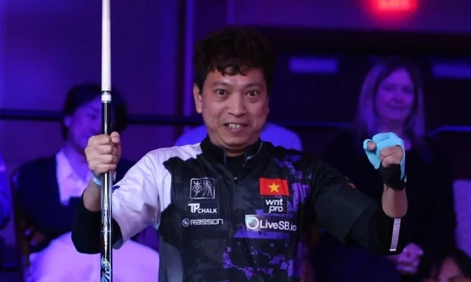 Quốc Hoàng Mừng Sau Khi Thắng Naoyuki Oi Ở Vòng 1:16 Giải Pool 9 Bi Us Open Tại Thành Phố Atlantic, Bang New Jersey, Mỹ Tối 21:8:2025. Ảnh- Matchroom